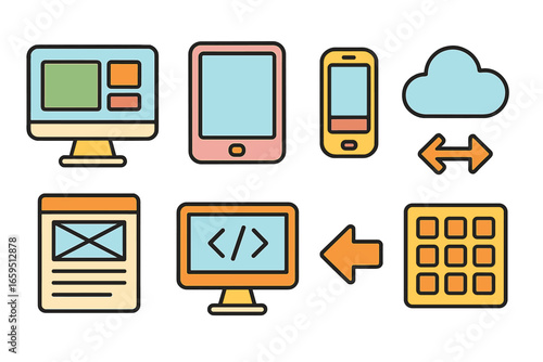 Colorful Tech Icons Grid. Flat vector mini-illustrations Cross-platform compatibility in colors children's