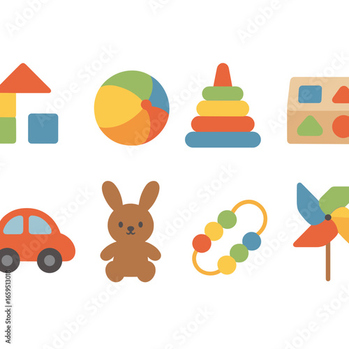 Colorful Toy Illustrations. Flat vector mini-illustrations minimal toys in colors children's illustrations: