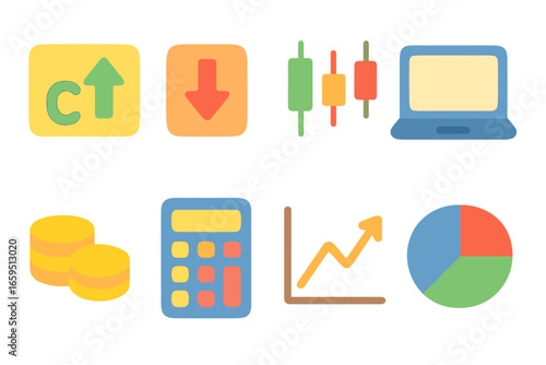Colorful Trading Icons. Flat vector mini-illustrations options trading in colors children's illustrations: