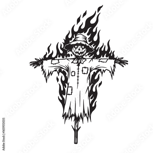 Spooky scarecrow ablaze in flames perfect illustration for halloween concepts or horror