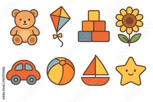 Colorful Children's Icons. Flat vector mini-illustrations clarity in design in colors children's illustrations: simple layout grid