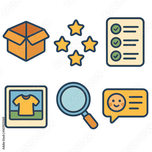 Colorful Unboxing Icons. Flat vector mini-illustrations Reviews and unboxing in colors children's