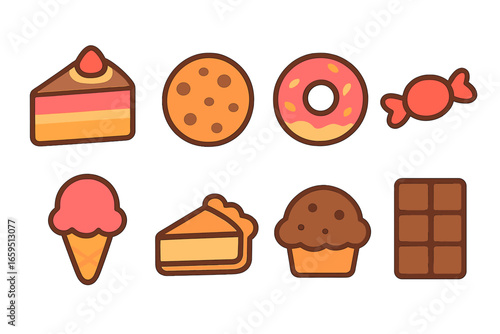Colorful Dessert Icons. Flat vector mini-illustrations carbohydrate desserts in colors children's illustrations: cake slice,