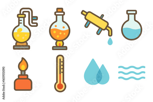 Colorful Distillation Icons. Flat vector mini-illustrations distillation in colors children's illustrations: distillation