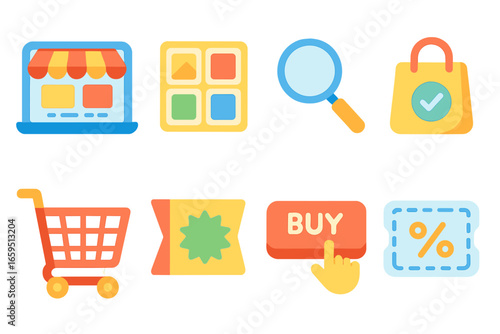 Colorful Virtual Storefronts. Flat vector mini-illustrations virtual storefronts in colors children's