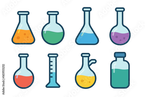 Colorful Flask Illustrations. Flat vector mini-illustrations flask types in colors children's illustrations: Erlenmeyer flask,