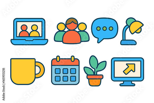 Colorful Virtual Workspace Icons. Flat vector mini-illustrations Virtual coworking spaces in colors children's