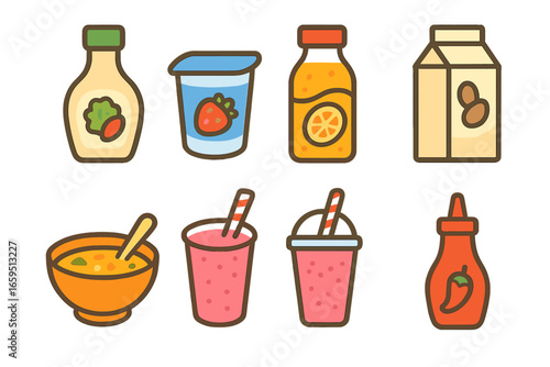 Colorful Food Icons. Flat vector mini-illustrations suspension in food industry in colors children's illustrations: salad dressing