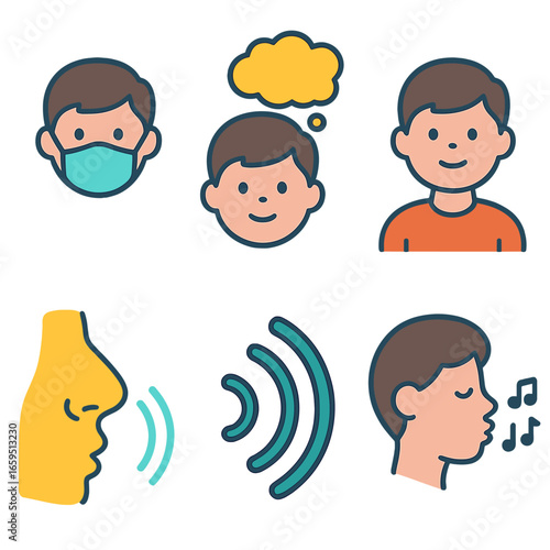 Colorful Vocal Elements. Flat vector mini-illustrations Resonance and placement in colors children's
