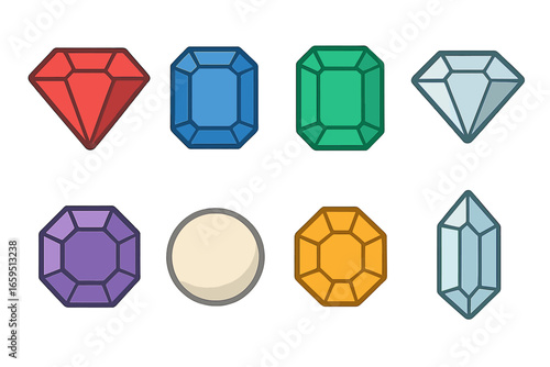 Colorful Gem Icons. Flat vector mini-illustrations precious gems in colors children's illustrations: ruby, sapphire, emerald,