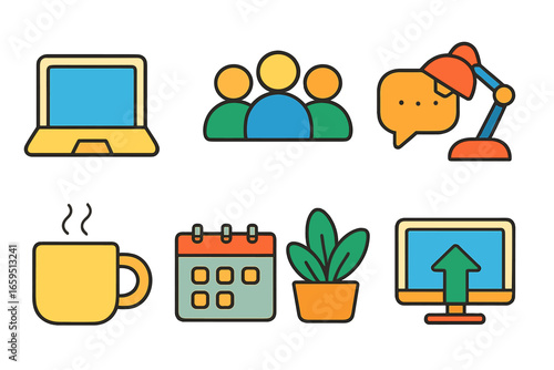 Colorful Virtual Workspace Icons. Flat vector mini-illustrations Virtual coworking spaces in colors children's