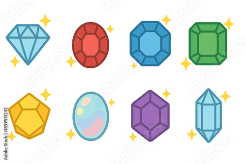 Colorful Gem Illustrations. Flat vector mini-illustrations sparkling gems in colors children's illustrations: diamond sparkle,