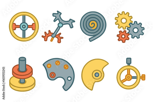 Colorful Watch Mechanics. Flat vector mini-illustrations Watch movements in colors children's illustrations: