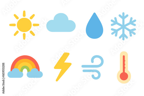 Colorful Weather Icons. Flat vector mini-illustrations weather forecast in colors children's illustrations: