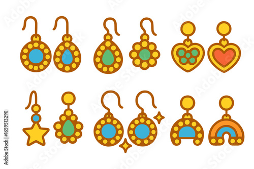 Colorful Halo Earrings. Flat vector mini-illustrations halo settings for earrings in colors children's illustrations: round gem