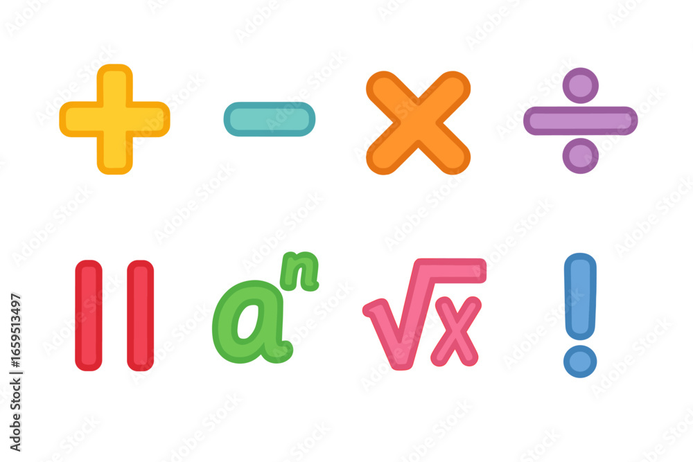 Obraz premium Colorful Math Icons. Flat vector mini-illustrations math operations in colors children's illustrations: addition, subtraction,