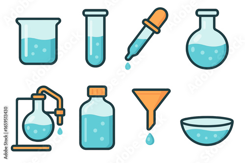Colorful Lab Equipment Icons. Flat vector mini-illustrations solvent in lab equipment in colors children's illustrations: beaker