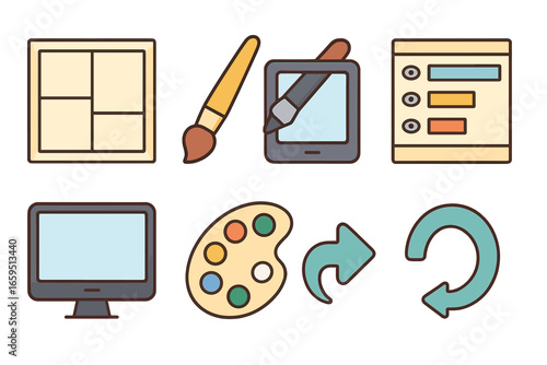 Comic Creation Tools. Flat vector mini-illustrations comic creation digitally in colors children's