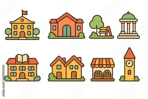 Community Architecture Icons. Flat vector mini-illustrations the role of architecture in enhancing community