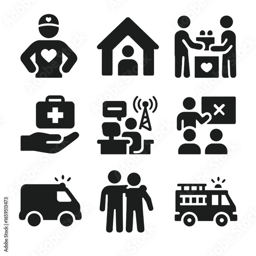 Community Emergency Icons. Solid, filled icons set of community emergency response: volunteer, emergency