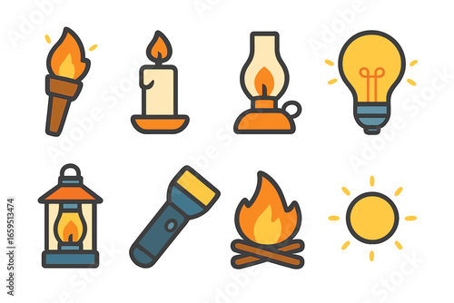 Colorful Light Sources. Flat vector mini-illustrations light sources in colors children's illustrations: torch, candle, oil lamp,
