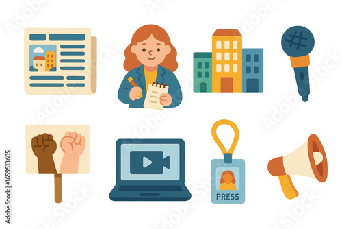 Community News Icons. Flat vector mini-illustrations community reporting in colors children's illustrations: