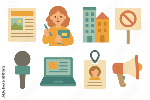Community News Icons. Flat vector mini-illustrations community reporting in colors children's illustrations: