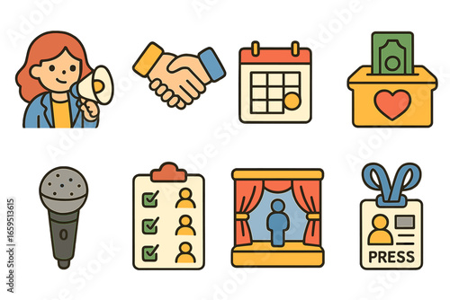 Community Outreach Icons. Flat vector mini-illustrations Community outreach events in colors children's