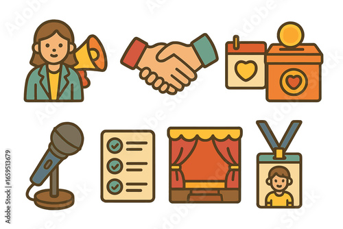 Community Outreach Icons. Flat vector mini-illustrations Community outreach events in colors children's
