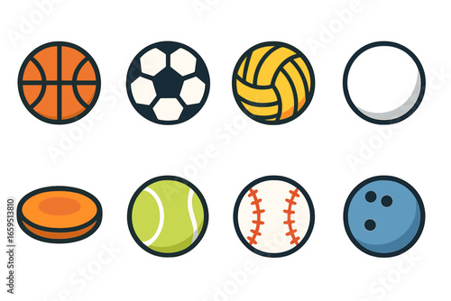 Colorful Sports Balls. Flat vector mini-illustrations circle sports in colors children's illustrations: basketball, soccer ball,