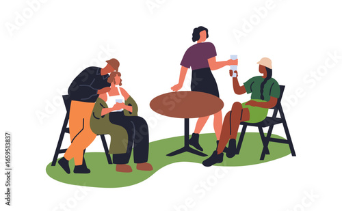 Friends group gathering outdoors. Young people hanging out, meeting together in park, nature party, chatting, drinking, sitting. Summer leisure. Flat vector illustration isolated on white background