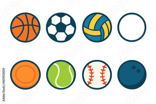 Colorful Sports Balls. Flat vector mini-illustrations circle sports in colors children's illustrations: basketball, soccer ball,