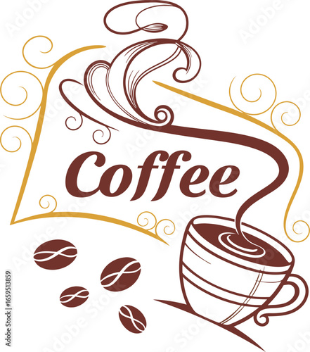 Artistic illustration of a steaming coffee cup with beans and decorative swirls evokes warmth Art & Illustration