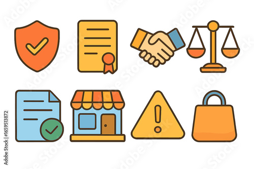 Consumer Protection Icons. Flat vector mini-illustrations consumer protection and business regulations in