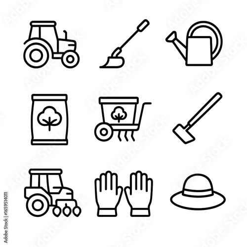 Cotton Farming Tool Icons. Outline icon set of cotton farming tools: tractor, plow, watering can, fertilizer bag, seed drill, hoe,