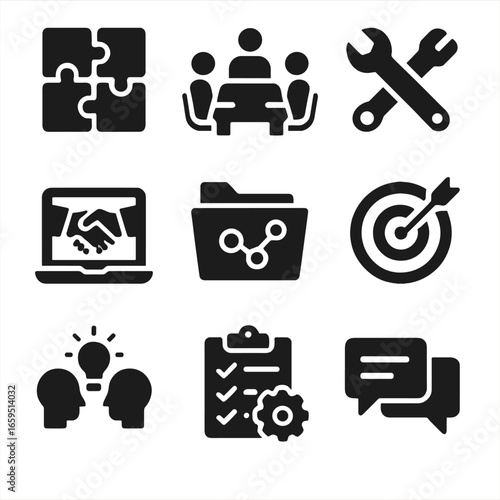 Corporate Collaboration Icons. Solid, filled icons set of corporate collaboration: puzzle pieces joining,
