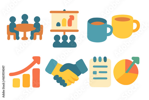 Corporate Meeting Icons. Flat vector mini-illustrations corporate investment meetings in colors children's