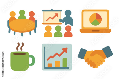 Corporate Meeting Icons. Flat vector mini-illustrations corporate investment meetings in colors children's