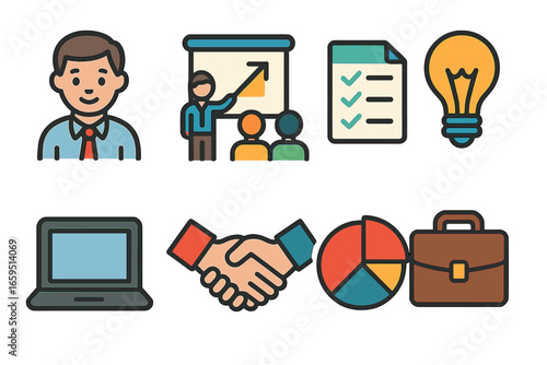 Corporate Training Icons. Flat vector mini-illustrations Corporate training consultants in colors children's