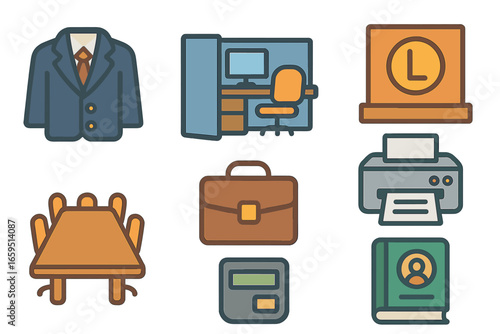 Corporate Office Icons. Flat vector mini-illustrations Corporate work environment in colors children's