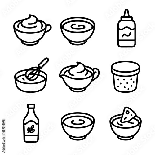 Creamy Sauce Icon Set. Outline icon set of creamy sauces and dressings: alfredo sauce, ranch dressing, mayonnaise, hollandaise,