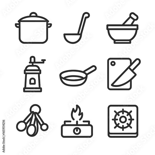 Curry Tools Icon Set. Outline icon set of curry cooking tools: pot, ladle, mortar and pestle, spice grinder, skillet, chopping
