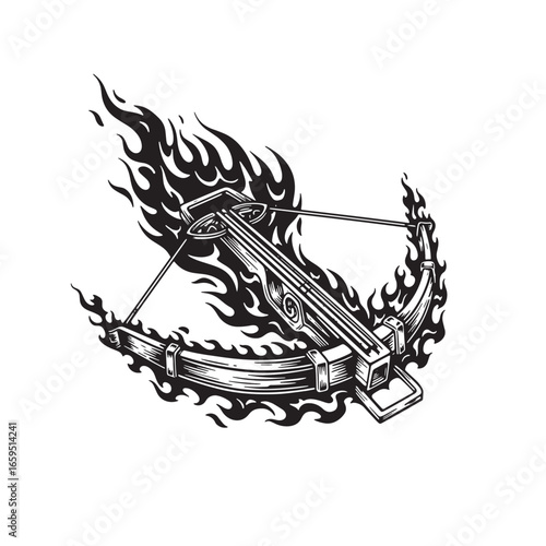 Vector illustration of a flaming medieval crossbow weapon isolated on a white background