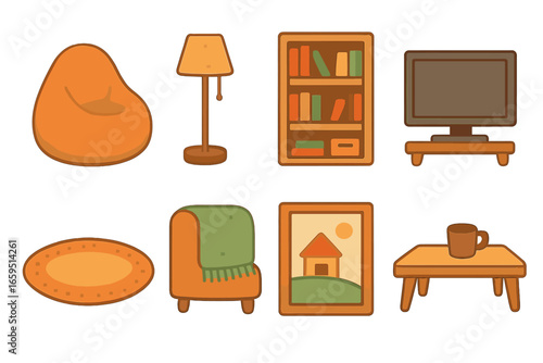 Cozy Basement Icons. Flat vector mini-illustrations Cozy basement lounge in colors children's illustrations: