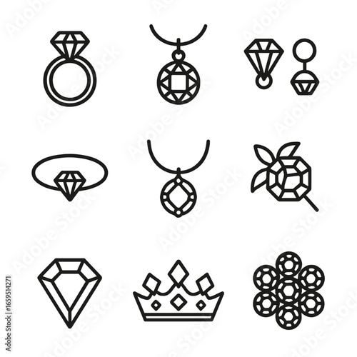 Diamond Jewelry Icons. Outline icon set of diamond: diamond ring, diamond pendant, diamond earrings, diamond bracelet, diamond