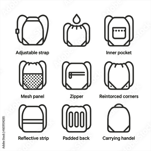 Drawstring Bag Icons. Outline icon set of drawstring bag features: adjustable strap, water-resistant material, inner pocket, mesh