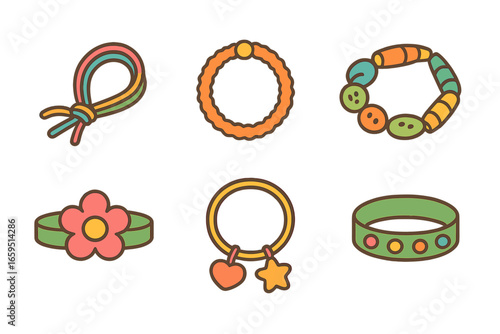 DIY Craft Bracelets. Flat vector mini-illustrations DIY craft bracelets in colors children's illustrations: yarn bracelet, pipe