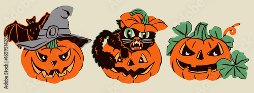 Halloween autumn Pumpkins with cat, bat, leaves. Jack Lantern colorful characters. Spooky scary smiley face. Hand drawn trendy Vector illustration. Isolated design elements. Logo, print templates