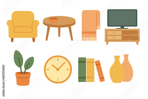 Cozy Living Room Icons. Flat vector mini-illustrations living room gathering in colors children's
