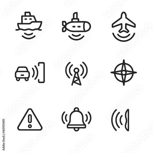 Echo Navigation Icons. Outline icon set of echo in navigation and safety: ship sonar, submarine echo, aircraft radar, obstacle